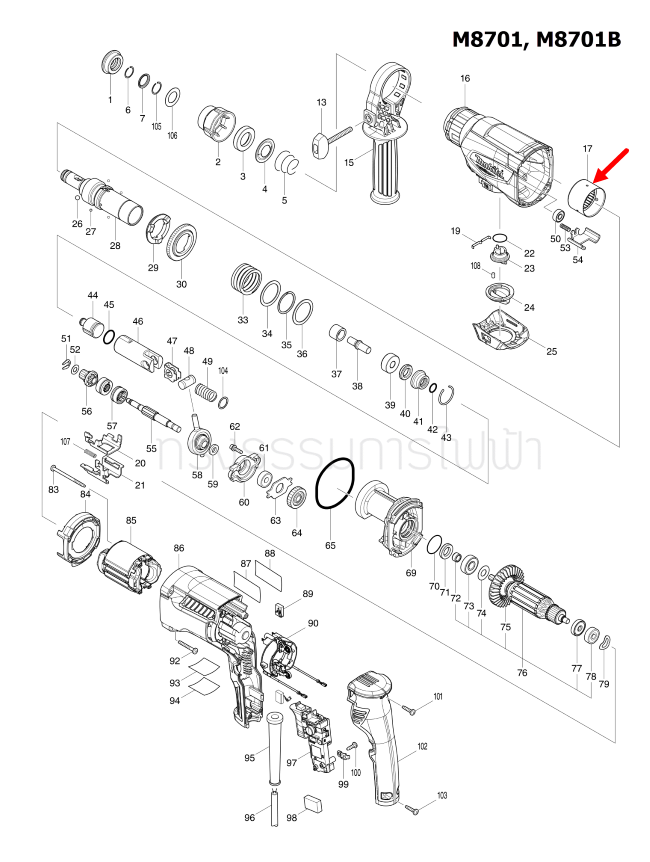 NEEDLE BEARING COMPLETE สว่านโรตารี่ Maktec มาคเทค, Makita มากีต้า MT871, M8701, M8701B [#17] Pn.143962-0 (แท้) ##(*)
