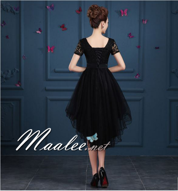 พร้อมเช่า ชุดราตรี สีดำ ลูกไม้ฉลุ กระโปรงหน้าสั้นหลังยาว 2XL- 6XL (เชือกผูกหลัง)