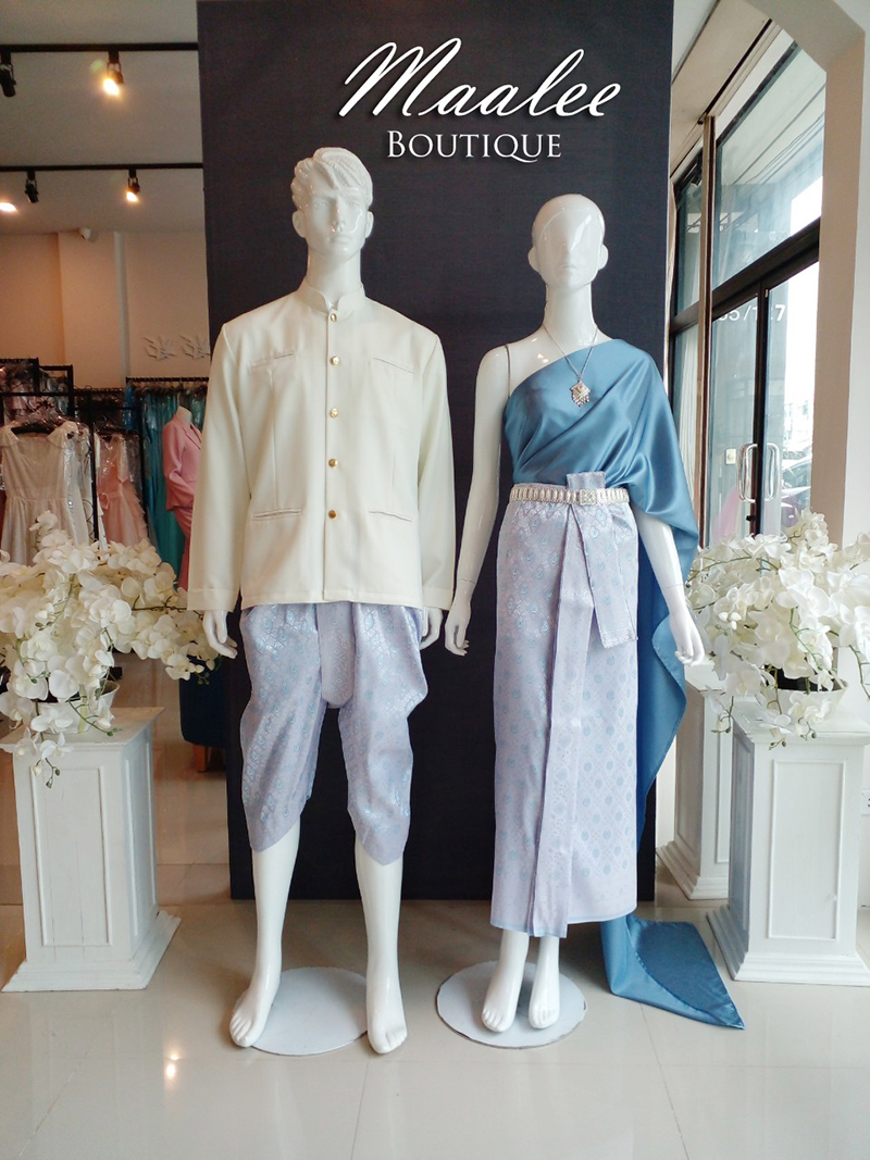 เช่า ชุดไทย ชุดเพื่อนเจ้าสาว ชุดไทยผ้าถุงสีชมพูฟ้าเงิน สไบเรียบสีเทาฟ้าเข้ม