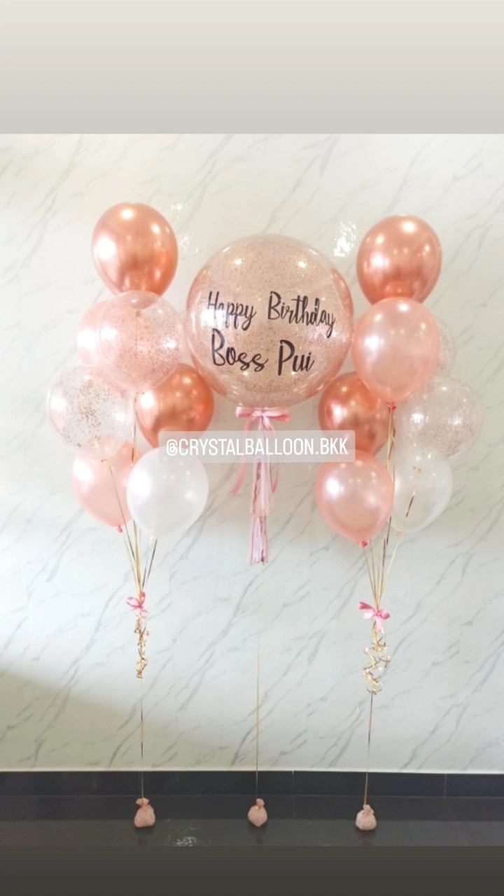 ลูกโป่ง วันเกิด Bubble ขนาด 24" กลิตเตอร์สีโรสโกล 1 ลูก พร้อม ช่อลูกโป่งช่อ 7 ลูก 2 ช่อ Theme สีโรสโกล พร้อมตกแต่ง สามารถเปลี่ยนสีลูกโป่ง/เปลี่ยนข้อความ/เปลี่ยนขนาดได้