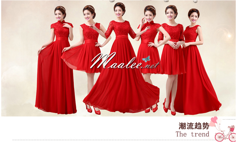 พร้อมส่ง ชุดราตรีสั้น สีแดง แขนสั้น คอจีน ลูกไม้ฉลุ กระโปรงผ้าชีฟอง