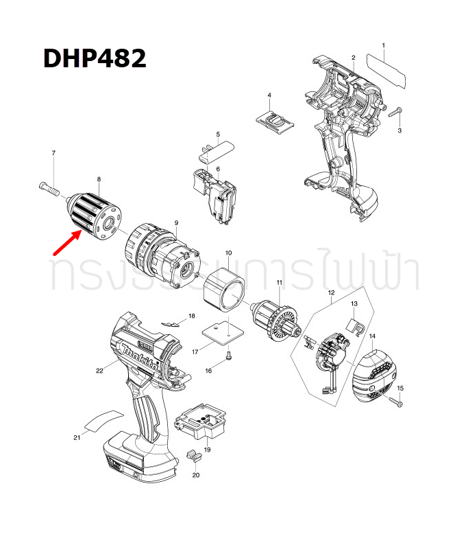หัวจับดอกสว่าน สว่านกระแทกไร้สาย Makita DHP482, DHP484, DDF482, DDF484, DDF485 Pn.766027-7 (แท้) ## (**)