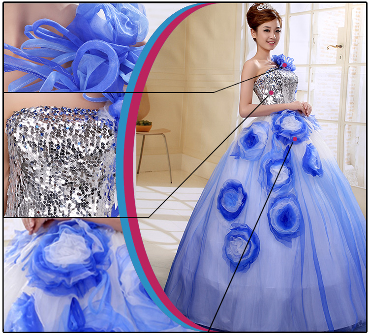 พร้อมเช่า ชุดแฟนซี ชุดราตรียาว สีน้ำเงิน ช่วงอกปักเลื่อม กระโปรงแต่งผ้าโปรงดอกไม้