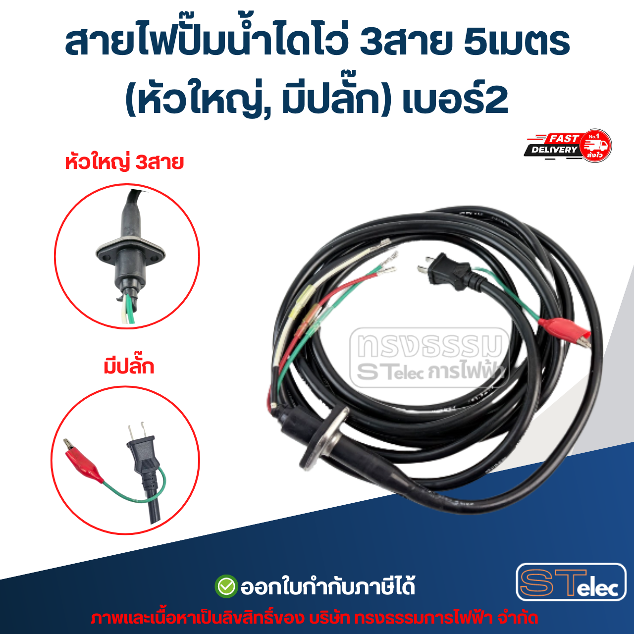 สายไฟปั๊มน้ำ สายไฟปั๊มแช่ สายไฟปั้มน้ำไดโว่ (ทองแดงแท้ 100%) อะไหล่ปั้มน้ำ