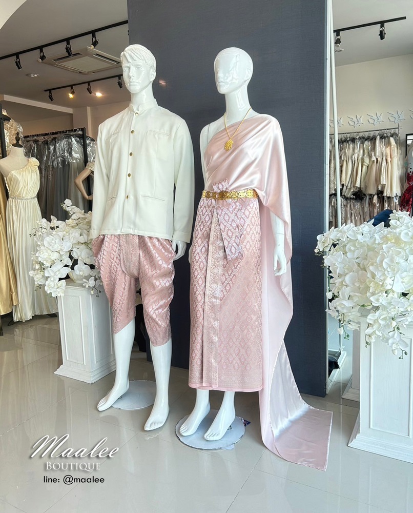 เช่า ชุดไทย ชุดเพื่อนเจ้าสาว ชุดไทยผ้าถุงสีโอวัลตินชมพูเงิน สไบเรียบ สีชมพู