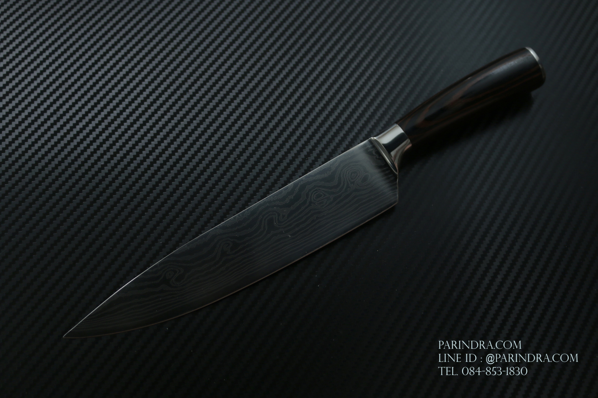 มีดทำครัว Premium ยิงเลเซอร์ลายดามัสกัส ด้ามไม้ ขนาดใบ 8 นิ้ว ปลายแหลม คมกริบ