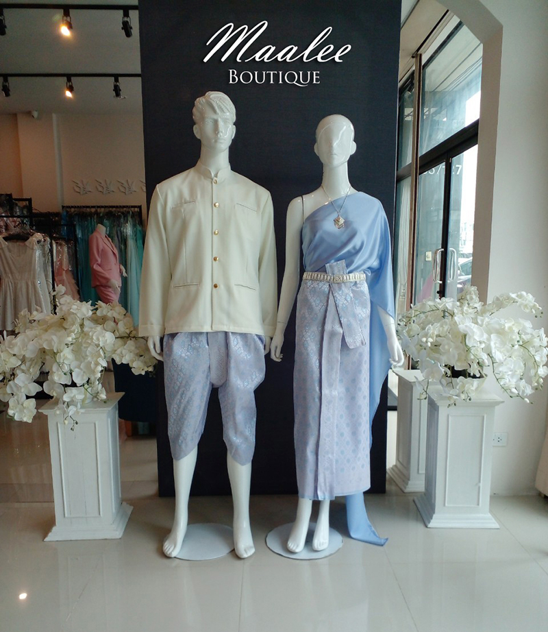 เช่า ชุดไทย ชุดเพื่อนเจ้าสาว ชุดไทยผ้าถุงสีชมพูฟ้าเงิน สไบเรียบสีเทาฟ้า