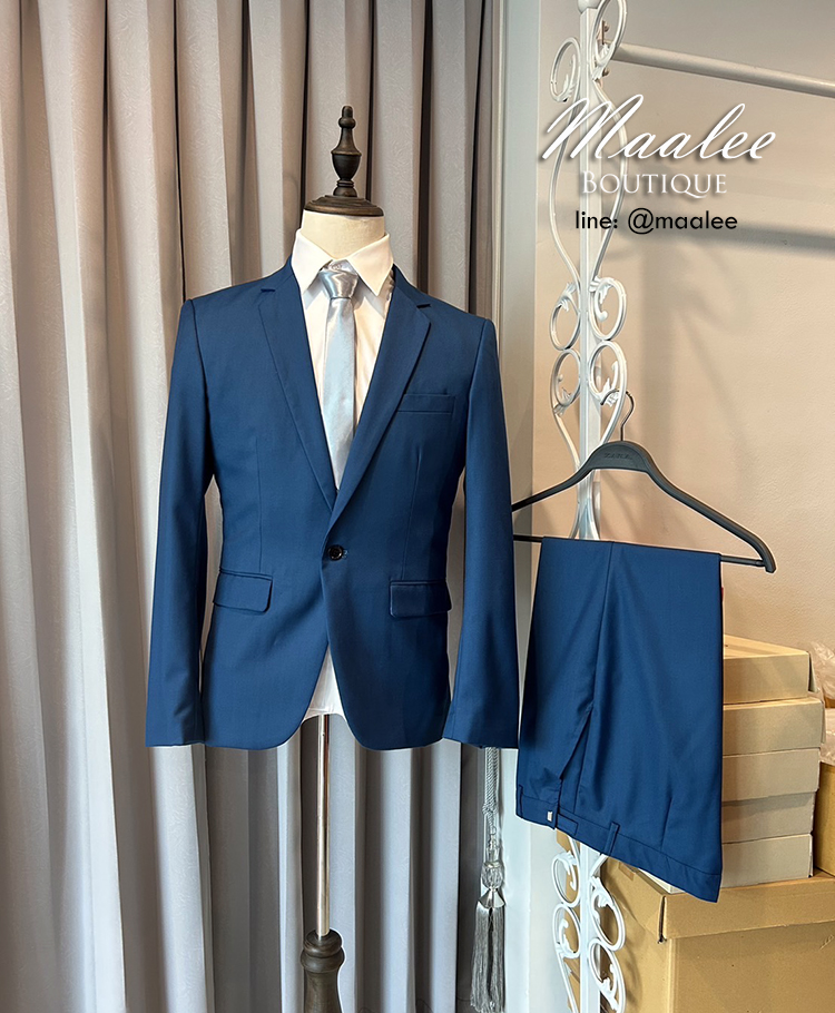 พร้อมเช่า ชุดสูทชาย สีฟ้าน้ำทะเล สไตล์เกาหลี (ไม่มีเสื้อกั๊ก)