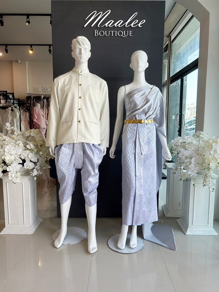 เช่า ชุดไทย ชุดเพื่อนเจ้าสาว ชุดไทยผ้าถุงสีชมพูฟ้าเงิน สไบเรียบสีเทา