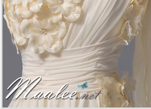 พร้อมเช่า ชุดราตรียาว แบบไหล่เดียวทิ้งชายด้านหลัง ผ้าชีฟอง สไตล์กรีก แต่งเกสรดอกไม้ สีครีม Champagne สีครีม Champagne