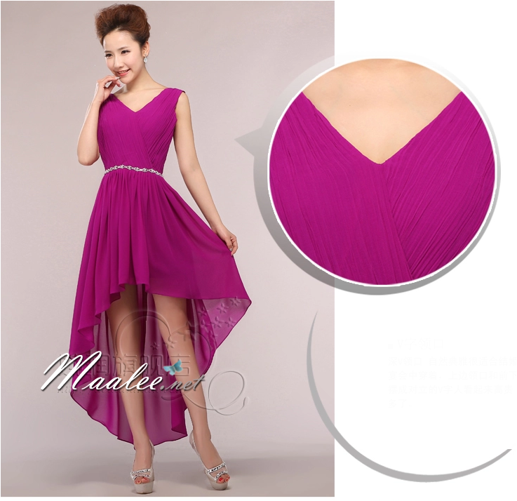 พร้อมส่ง ชุดราตรีสั้น แขนกุด หน้าสั้นหลังยาว สีน้ำเงิน คาดเอวคริสตัล