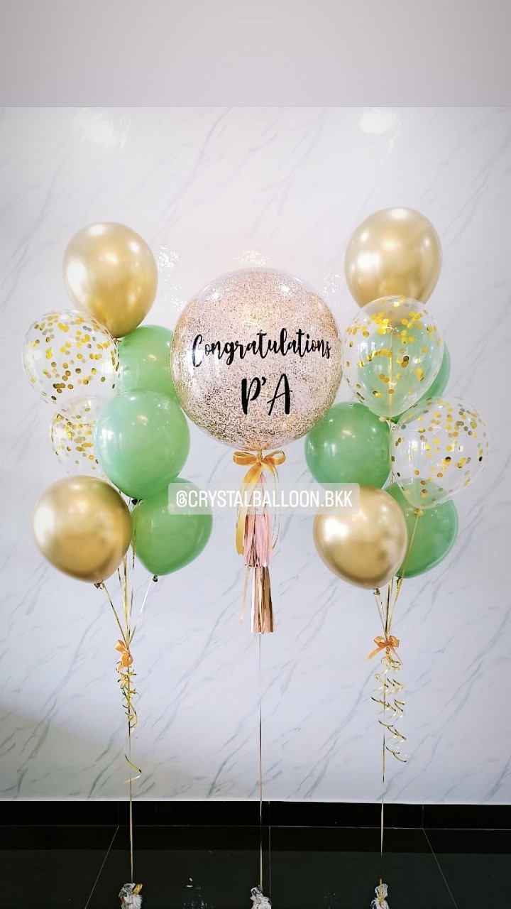 ลูกโป่ง แสดงความยินดี Bubble ขนาด 24" สีแชมเปญ พร้อม ช่อลูกโป่ง ช่อ 7 ลูก 2 ช่อ,ลูกโป่งใส ใส่ Confetti พร้อมตกเเต่ง สามารถเปลี่ยนสีลูกโป่ง/เปลี่ยนข้อความ/เปลี่ยนขนาดได้