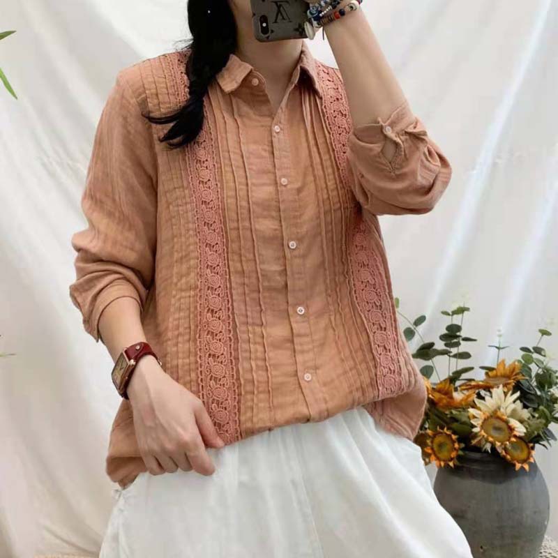 เสื้อเชิ้ตผ้าสาลูแต่งลูกไม้