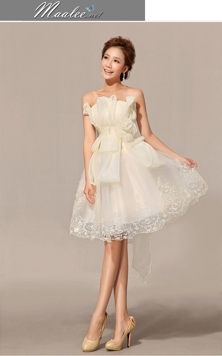 พร้อมเช่า ชุดราตรีสั้น เกาะอก สีครีม Champagne ผ้าแก้วแต่ง Layer กระโปรงลูกไม้
