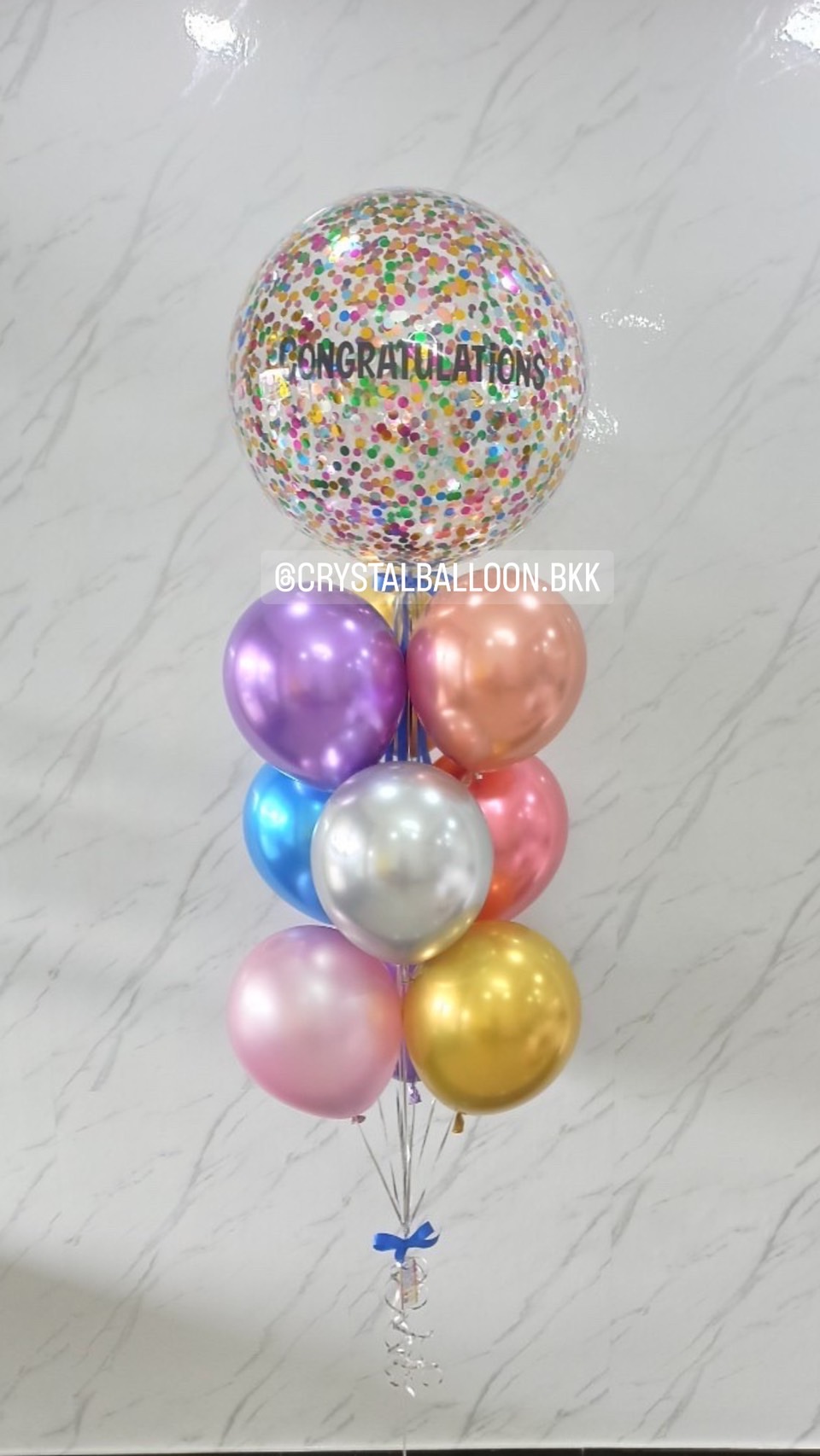 ลูกโป่ง แสดงความยินดี Bubble ขนาด 24" พร้อม ลูกโป่งโครเมี่ยม ช่อ 9 ลูก 1 ช่อ พร้อมตกเเต่ง สามารถเปลี่ยนสีลูกโป่ง/เปลี่ยนข้อความ/เปลี่ยนขนาดได้