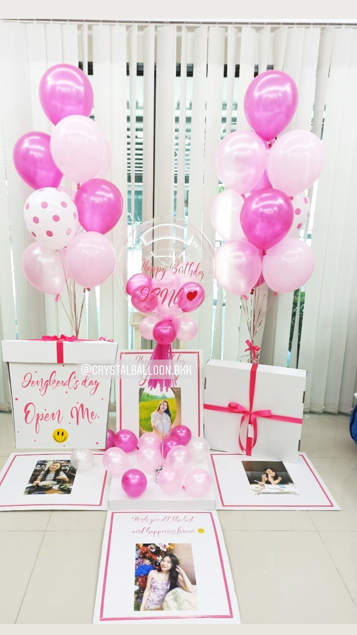 Surprise Box กล่องเซอร์ไพรส์วันเกิด สำหรับคุณผู้หญิง Bubble ขนาด 24" โทนสี ชมพู พร้อมตกแต่ง ช่อลูกโป่ง 2 ช่อ,สามารถใส่รูปได้ 4 ใบ สามารถเปลี่ยนสีลูกโป่ง/เปลี่ยนข้อความได้