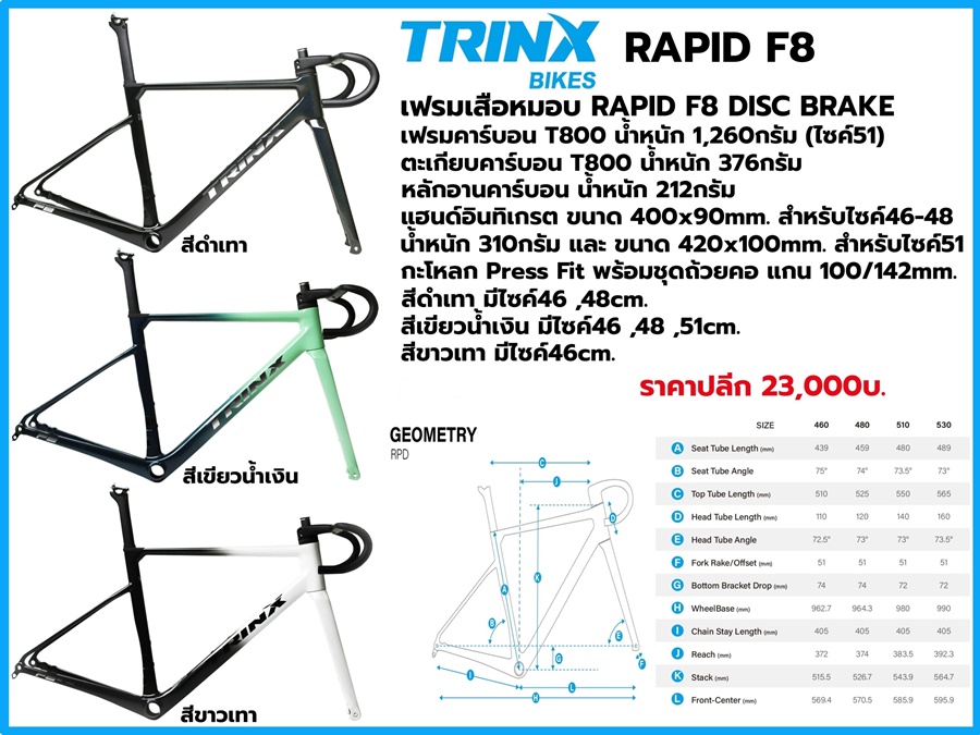 เฟรมเสือหมอบ TRINX รุ่น RAPID F8 DISC BRAKE เฟรมคาร์บอน T800 Frame Full Carbon NEW 2024