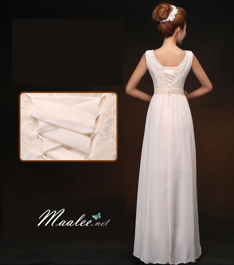 พร้อมเช่า ชุดราตรียาว ชุดเพื่อนเจ้าสาว สีครีม แบบ F แขนกุด แต่งลูกไม้สวย (เชือกผูกด้านหลัง)