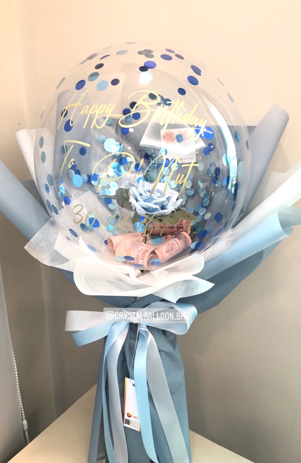 Flower Balloon Happy Birthday Bubble ขนาด 18" พร้อมตกแต่ง ดอกกุหลาบประดิษฐ์ สีฟ้า 1 ดอก,สามารถใส่เงินได้ สามารถเปลี่ยนข้อความ/เปลี่ยนสี-ดอกไม้ได้