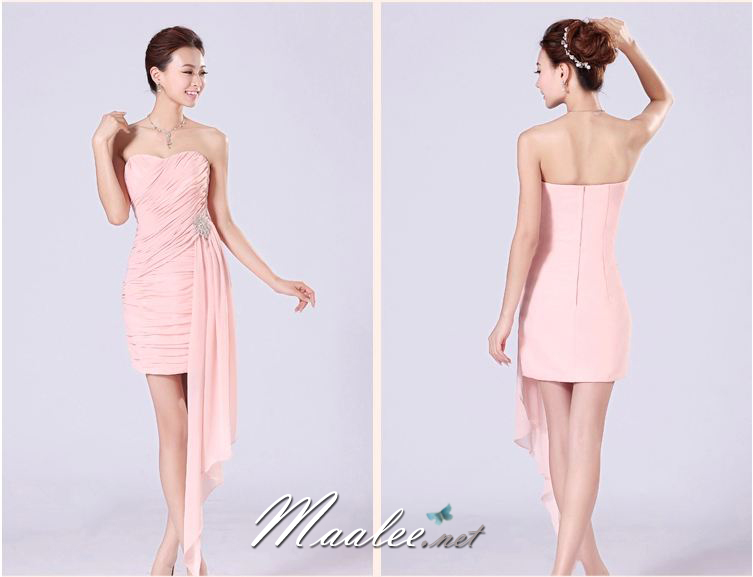 พร้อมเช่า ชุดราตรียาว เกาะอก สีชมพู โอโรส จับเดรปเข้ารูป ทิ้งชายสวย