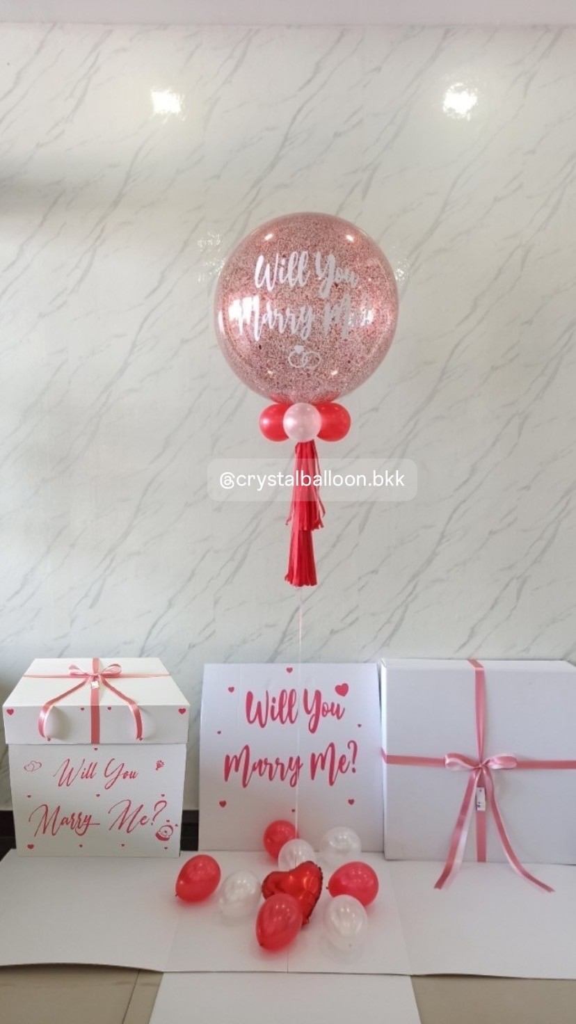 Will You Marry Me Surprised Box กล่องเซอร์ไพรส์ขอแต่งงาน Bubble ขนาด 24" กลิตเตอร์ขาวมุก พร้อมตกแต่ง สามารถใส่รูปได้ 4 ใบ สามารถเปลี่ยนสีลูกโป่ง/เปลี่ยนข้อความได้
