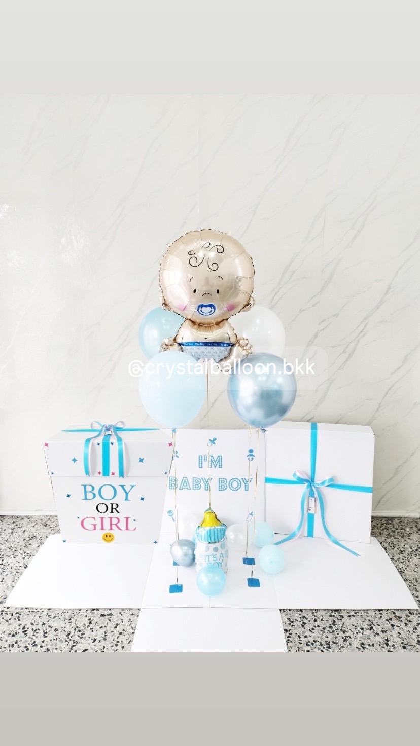 Surprised Box กล่องทายเพศ พร้อมตกแต่ง ลูกโป่ง 4 ลูก ฟอยล์เด็กทารก 1 ชิ้น,สามารถใส่รูปได้ 2 รูป สามารถเปลี่ยนสีลูกโป่ง/เปลี่ยนสี-ฟอยล์ตกแต่ง/เปลี่ยนข้อความได้