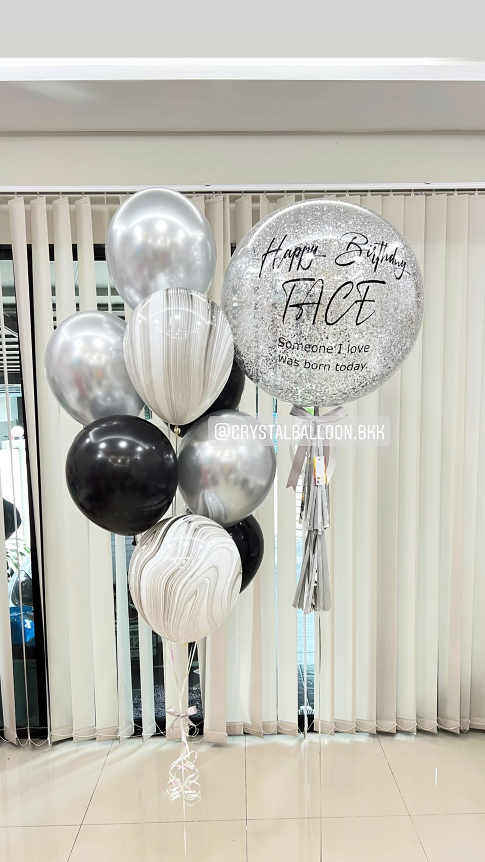 ลูกโป่ง วันเกิด Bubble 24" Theme เงิน-ดำ พร้อม ช่อลูกโป่ง ช่อ 9 ลูก 1 ช่อ,ลูกโป่งลายหิน USA 2 ลูก พร้อมตกเเต่ง สามารถเปลี่ยนสีลูกโป่ง/เปลี่ยนข้อความ/เปลี่ยนขนาดได้