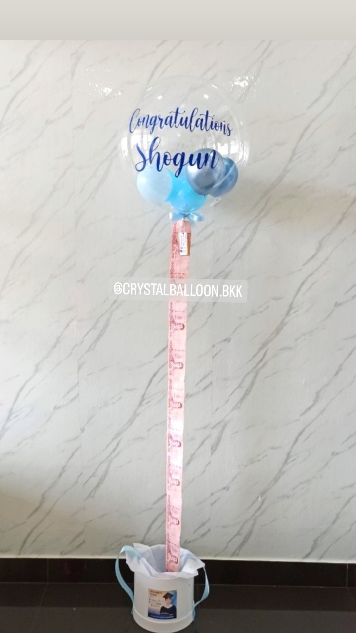 ลูกโป่ง แสดงความยินดี กล่องดึงเงิน Bubble ขนาด 24" Theme สีน้ำเงินโครเมี่ยม-ฟ้ามุก พร้อม รูป 1 ใบ,สามารถใส่เงิน 15 ใบ พร้อมตกแต่ง สามารถเปลี่ยนสีลูกโป่ง/เปลี่ยนข้อความได้
