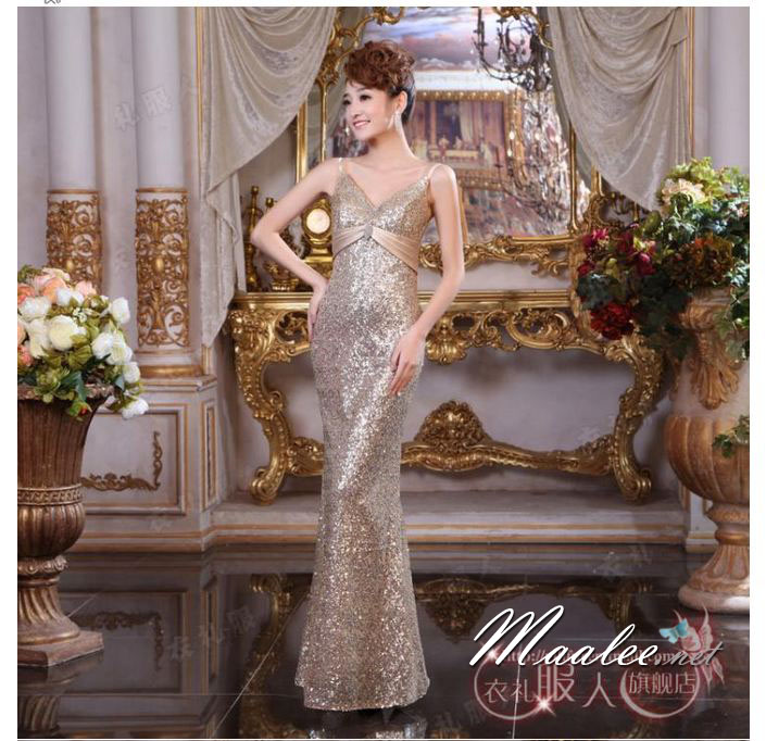 พร้อมเช่า ชุดราตรียาว สายเดี่ยว เรียบหรู สีทอง Champagne เนื้อผ้าแต่งเลื่อมทั้งตัว