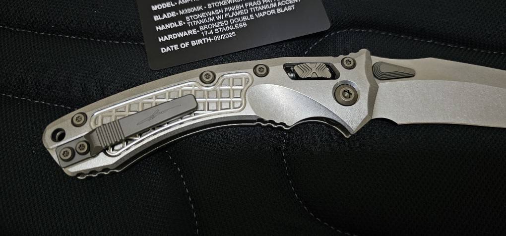 Microtech Marfione Select Amphibian RAM-LOK Manual Folding Knife 3.875" Bohler M390MK Stonewashed Clip Point Plain Blade and Frag Titanium Handles, Flamed Titanium Accents, AXIS/Crossbar Lock