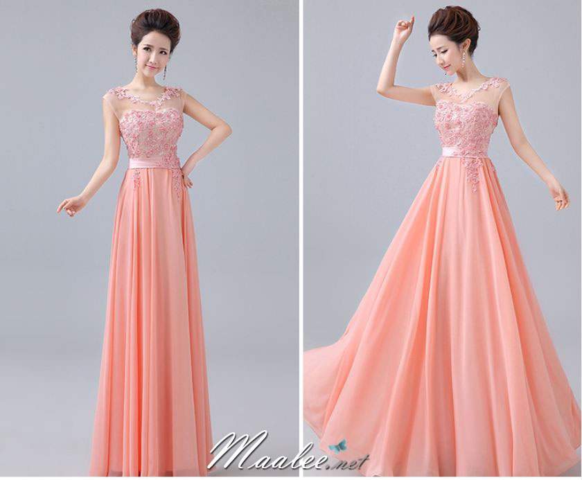 พร้อมเช่า ชุดราตรียาว สีโอโรส คอปาด แต่งลูกไม้หรูเซาะดอก ปักลูกปัด