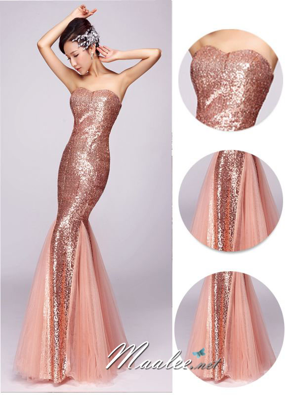 พร้อมเช่า ชุดราตรียาว เกาะอก เรียบหรู สีครีม Champagne เนื้อผ้าแต่งเลื่อมทั้งตัว ทรงนางเงือก แต่งผ้าตาข่ายสวย