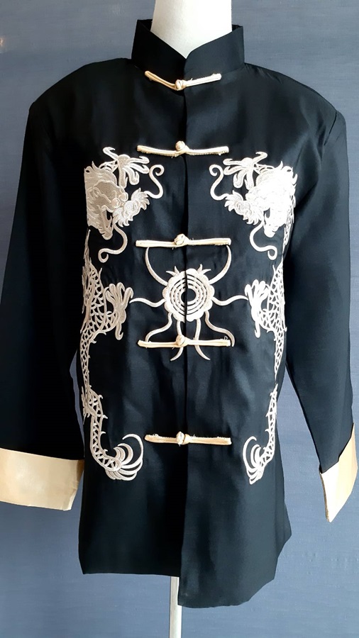 Pre-order ชุดจีน ชาย เสื้อคอจีน ผ้าไหมจีน สีดำ ปักลายมังกร