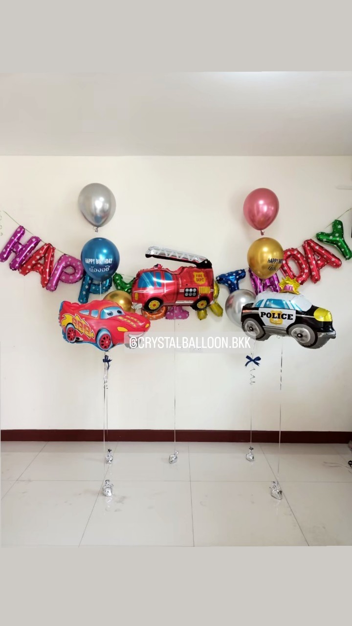 ลูกโป่ง วันเกิดเด็ก Theme ฟอยล์รถตำรวจ,รถดับเพลิง,รถแข่ง พร้อม ช่อลูกโป่ง 3 ลูก 2 ช่อ พร้อมตกแต่ง ฟอยล์ตัวอักษร ขนาด 16" Happy Birthday 1 ชิ้น สามารถเปลี่ยนสีลูกโป่ง/เปลี่ยนข้อความ/เปลี่ยนสี-ฟอยล์ตัวอักษร/เปลี่ยนฟอยล์ตกแต่งได้