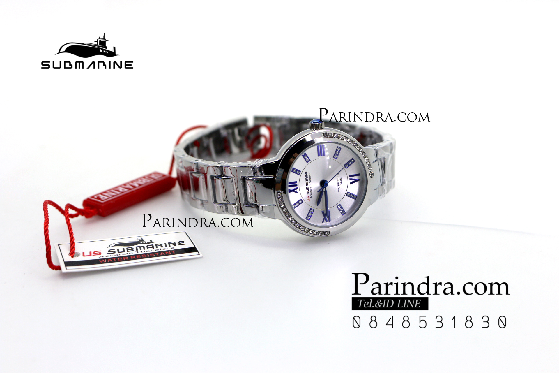 นาฬิกา US submarine รุ่น J120L กรอบหน้าปัดคริตตัล หน้าปัดสีขาวตัวเลขน้ำเงิน สายสแตนเลสสีเงินเงา