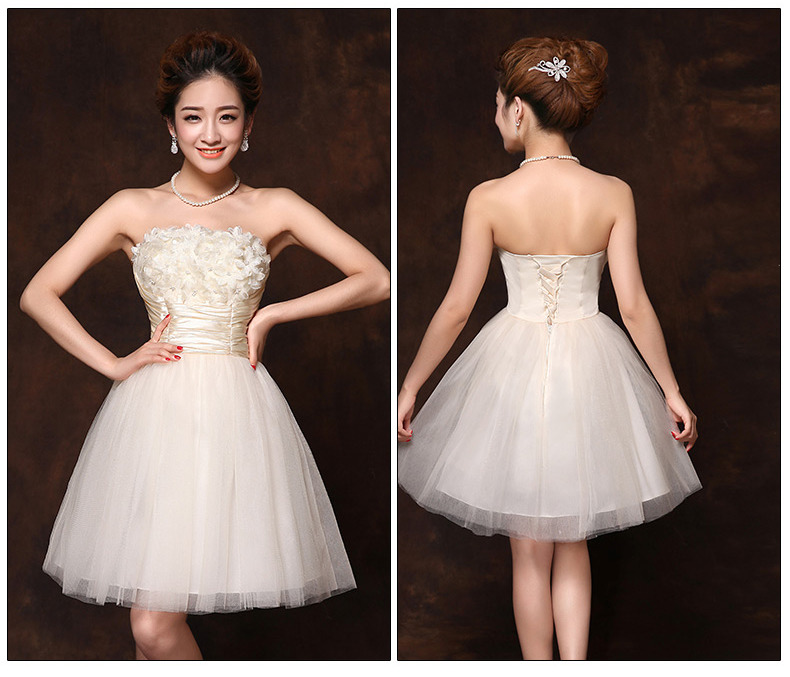 พร้อมส่ง ชุดราตรีสั้น เกาะอก กระโปรงตาข่าย อกแต่งดอกเอวจับจีบ สีครีม