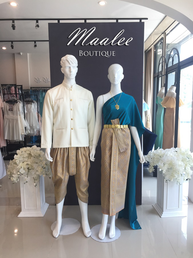 เช่า ชุดไทย ชุดเพื่อนเจ้าสาว ชุดไทยผ้าถุงสีทอง สไบเรียบ สีน้ำทะเล