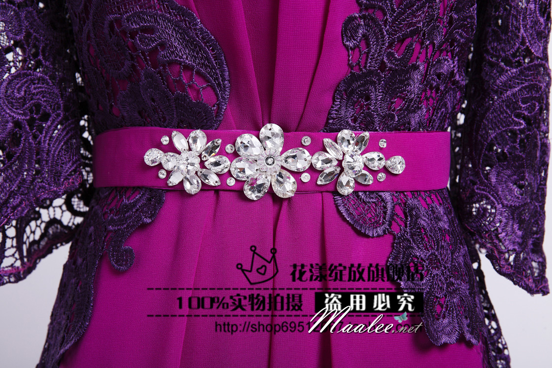 พร้อมเช่า ชุดราตรียาว สีม่วง แขนสามส่วน แต่งลูกไม้ จับเดรปทรงนาฬิกาทราย (L - 3XL)