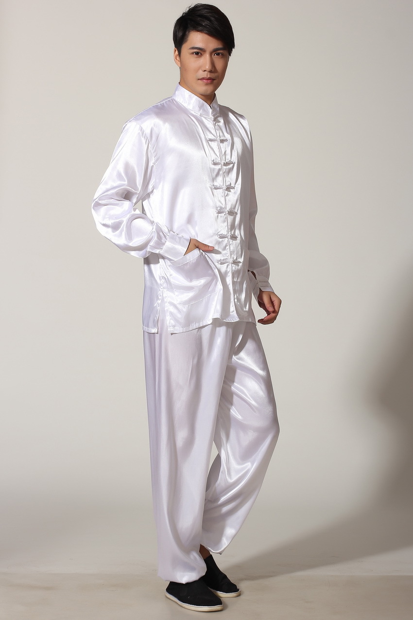 Preorder ชุดจีนชาย แขนยาวผ้าแพร สีขาว ขาจั๊ม