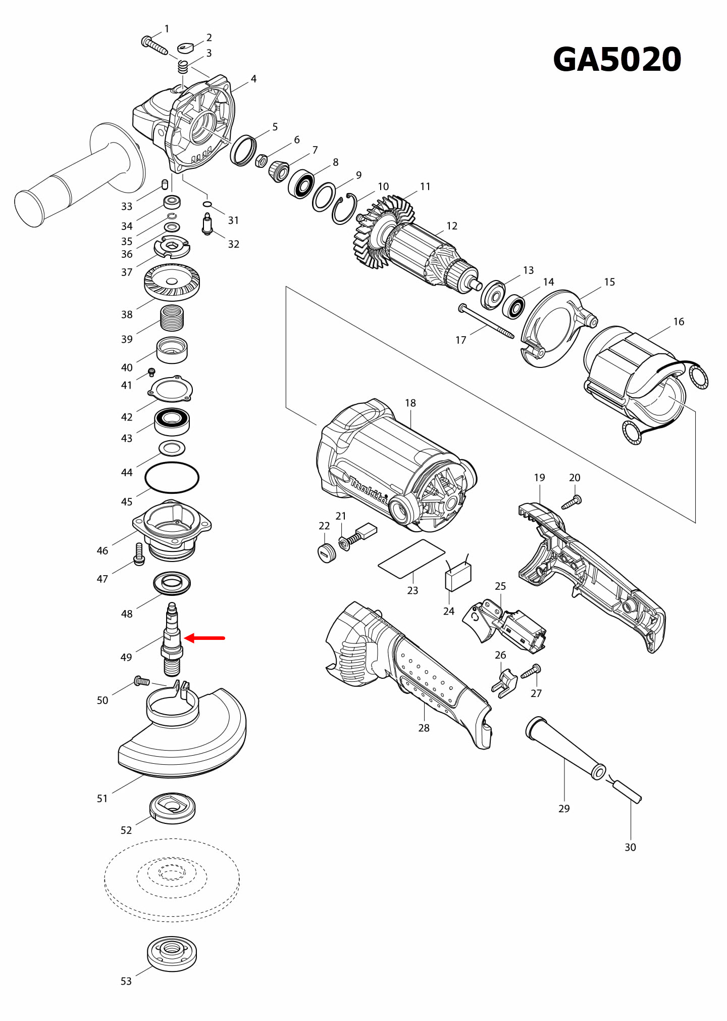 แกนเฟือง, แกนจับใบ หินเจียร 5 นิ้ว Makita รุ่น GA5020, GA6020 [#49] Pn.324789-9 (แท้) ##(*)