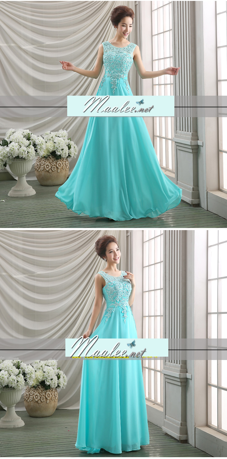 พร้อมเช่า ชุดราตรียาว สีฟ้าอมเขียว แบบเรียบหรู แต่งลูกไม้เซาะดอก ปักลูกปัดมุก