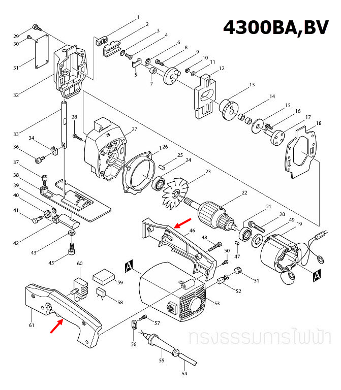 ด้ามจับ พร้อม สวิทช์ เลื่อยจิ๊กซอว์ Makita 4300BA, 4300BV [#46, 61]