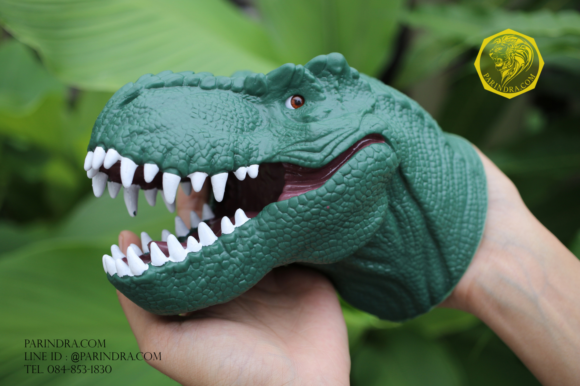 โมเดลยางสวมมือหัวไดโนเสาร์ T-REX สีเขียวแก่ ของเล่น