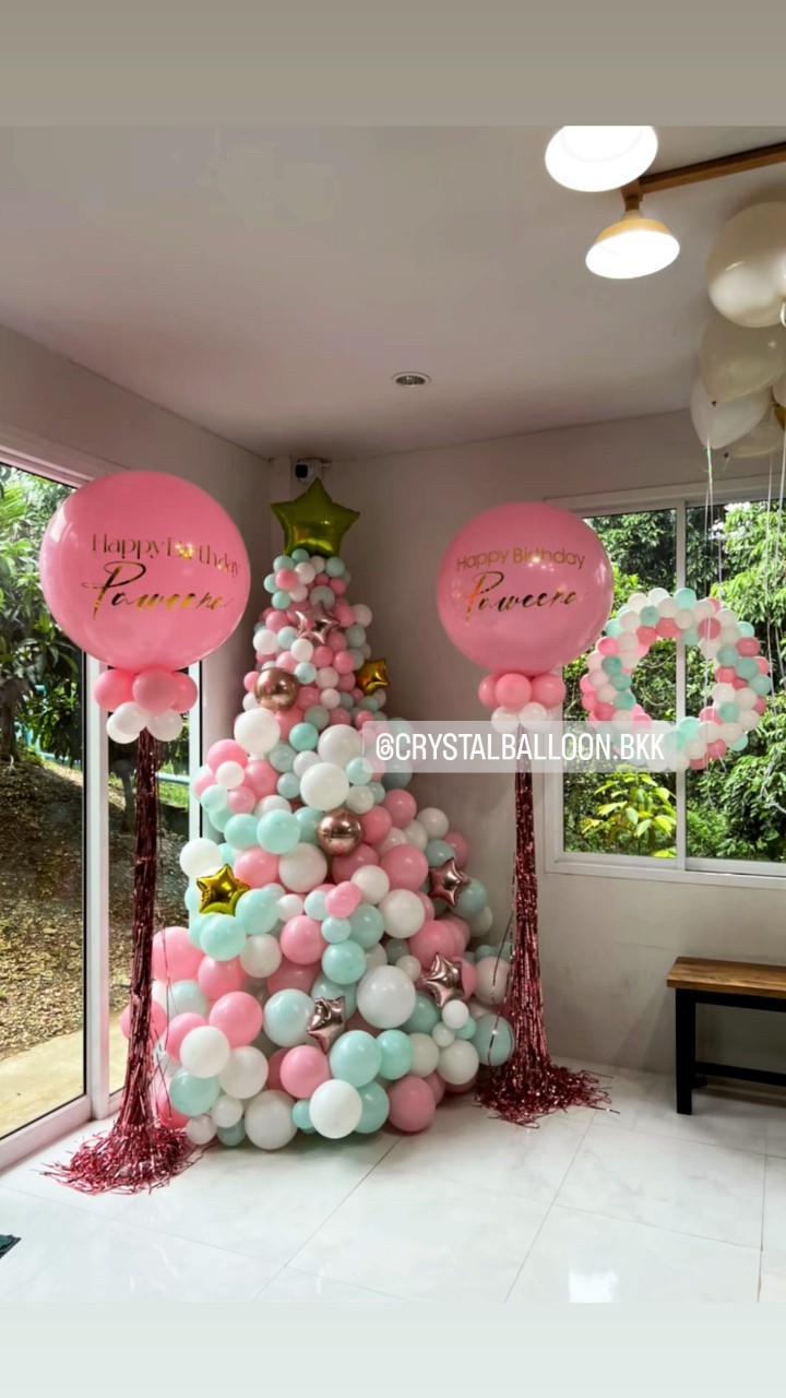 Organic Backdrop ต้นลูกโป่งฟอยล์ดาว ขนาด 2.5 เมตร Theme พาสเทล พร้อมตกแต่ง ลูกโป่งยาง ขนาด 36" สีชมพู 2 ลูก,วงกลมลูกโป่ง 1 ชิ้น สามารถเปลี่ยนสีลูกโป่ง/เปลี่ยนข้อความ/เปลี่ยนขนาดได้