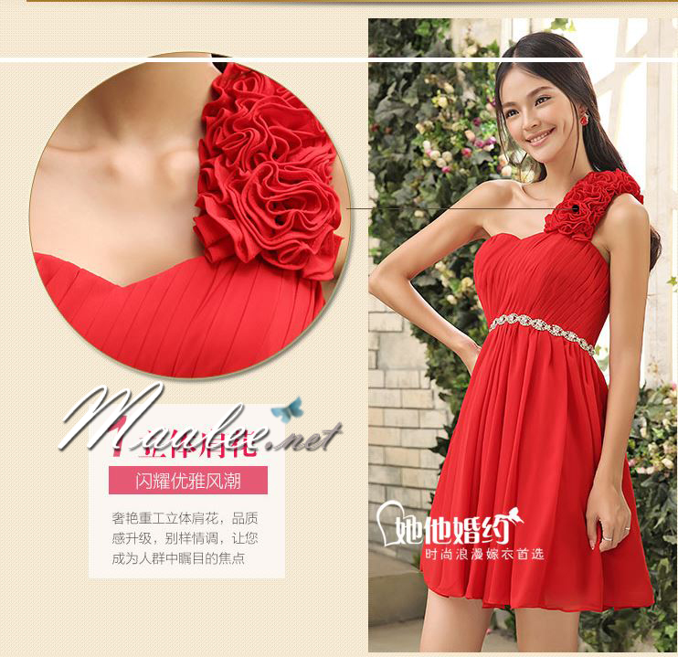 พร้อมเช่า ชุดราตรีสั้น ไหล่เดียว ช่วงอกจับจีบ เอวแต่งแผงคริสตัลหรู สีครีม Champagne