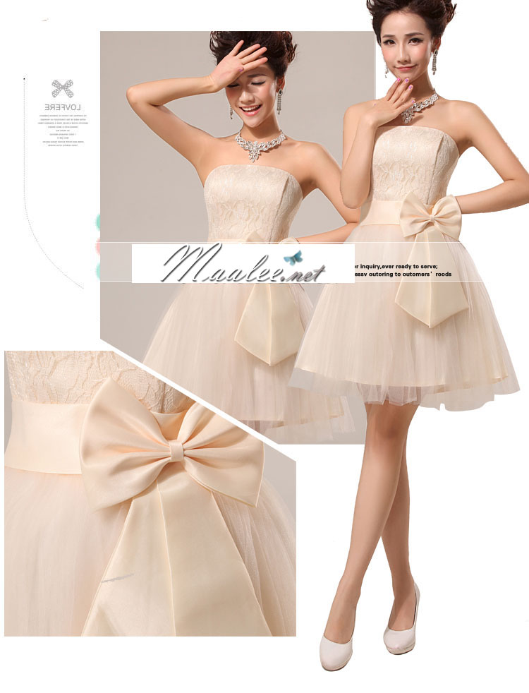 พร้อมส่ง ชุดราตรีสั้น เกาะอก สีครีม Champagne แต่งลูกไม้ แบบเรียบสวย กระโปรง วนิดา Tutu