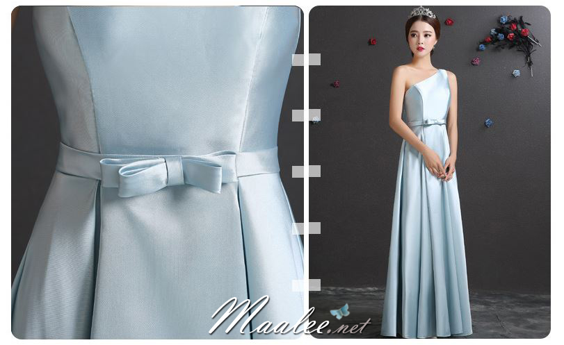 พร้อมส่ง ชุดราตรียาว ชุดเพื่อนเจ้าสาว สีฟ้า แบบ F ไหล่เดียว ผ้าซาติน มีโบว์ช่วงเอว (เชือกผูกด้านหลัง)