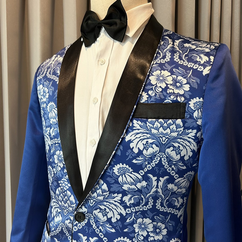 พร้อมเช่า ชุดสูทจีนชาย สีน้ำเงิน แต่งปกดำ ซาติน