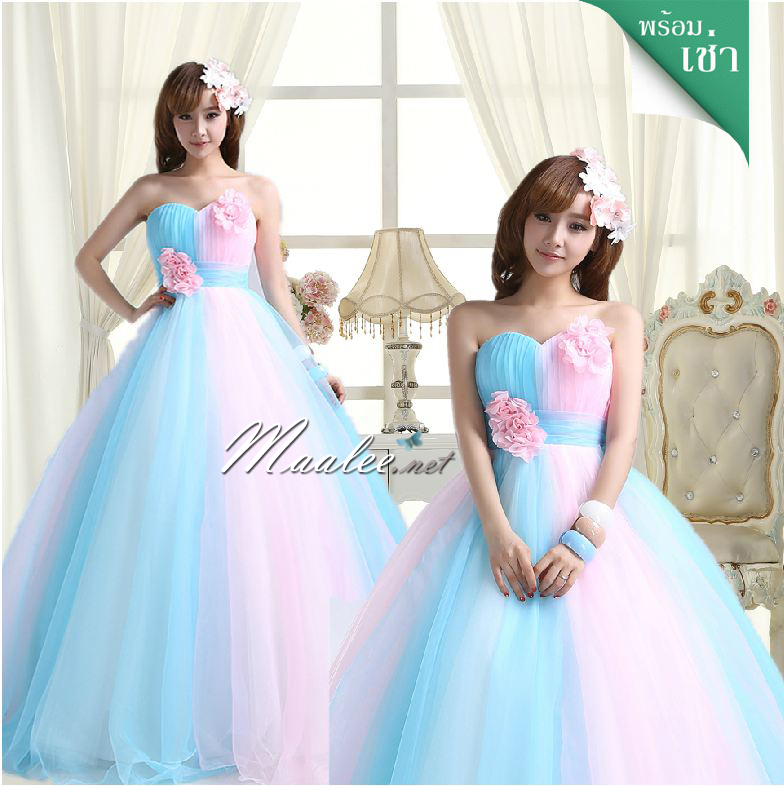 พร้อมเช่า ชุดแฟนซี ชุดราตรียาว เกาะอก สีฟ้า ชมพู สวยหวาน ผ้าโปร่งแต่งดอกไม้