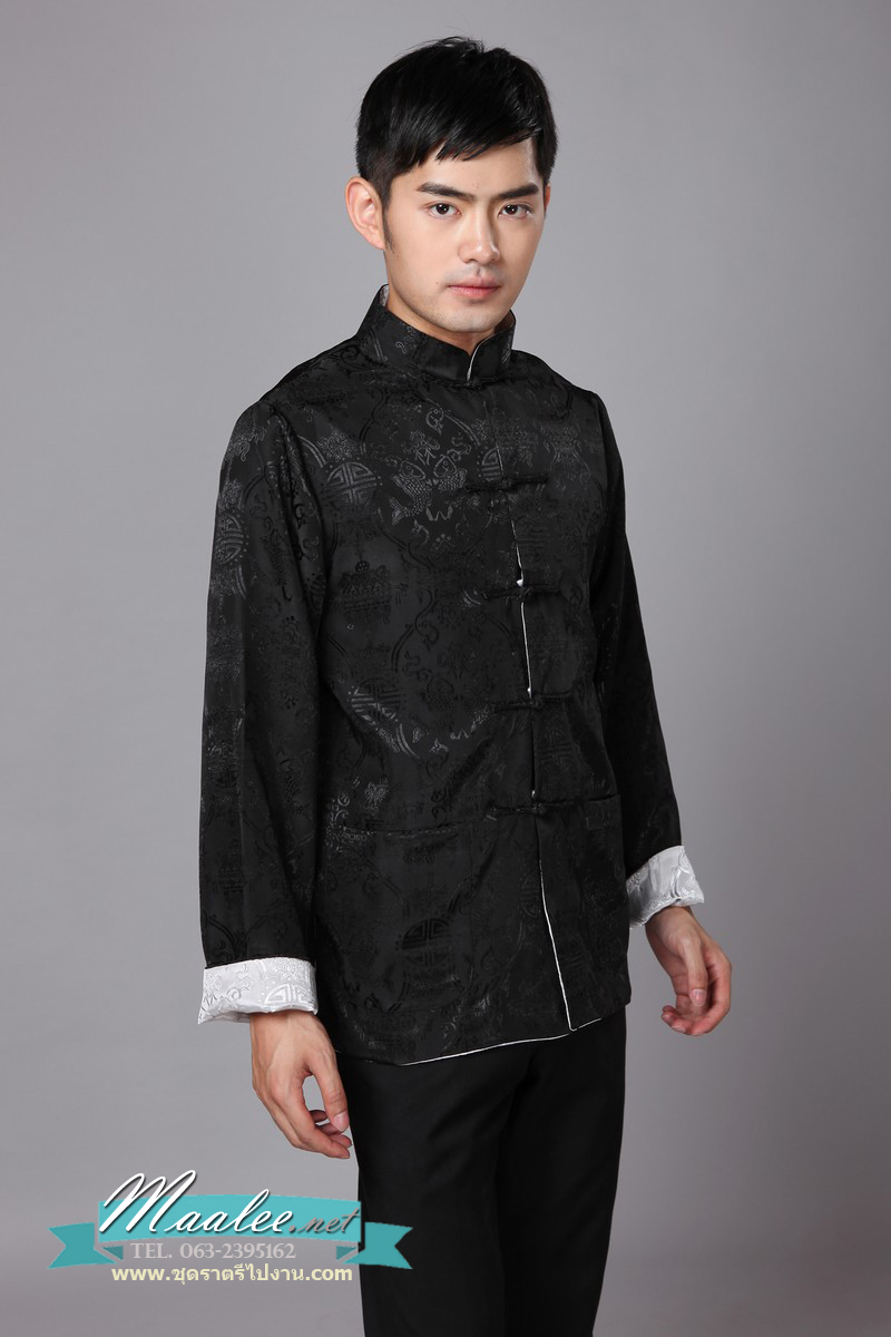 Preorder ชุดจีน ชาย เสื้อผ้าแพร สีดำ/ เทาเงิน ใส่ได้สองด้าน